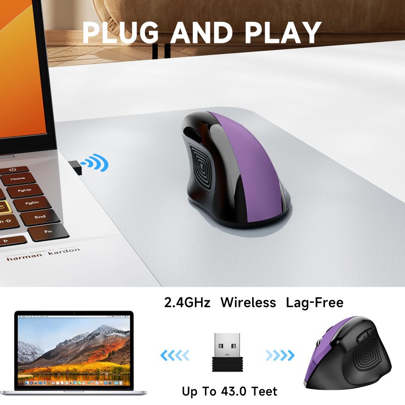 memzuoix Ergonomic Wireless Mouse, 2.4G Optical Cordless, 800/1200/1600 DPI, Vertical Computer Mouse for Laptop, Mac, PC, Desktop (Right Hand, Large) - Purple - Image 4